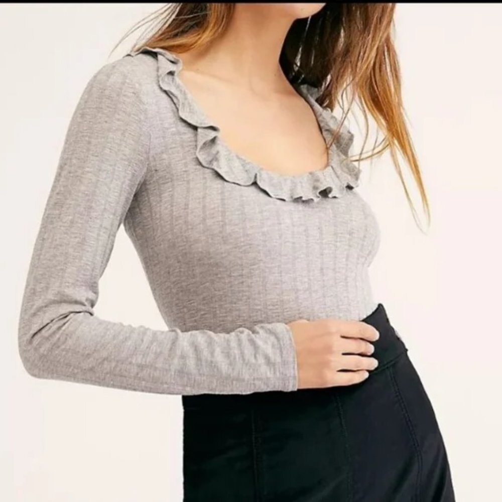 Intimately Free People Gray Baby Jane Ruffle Ribbed Knit Top